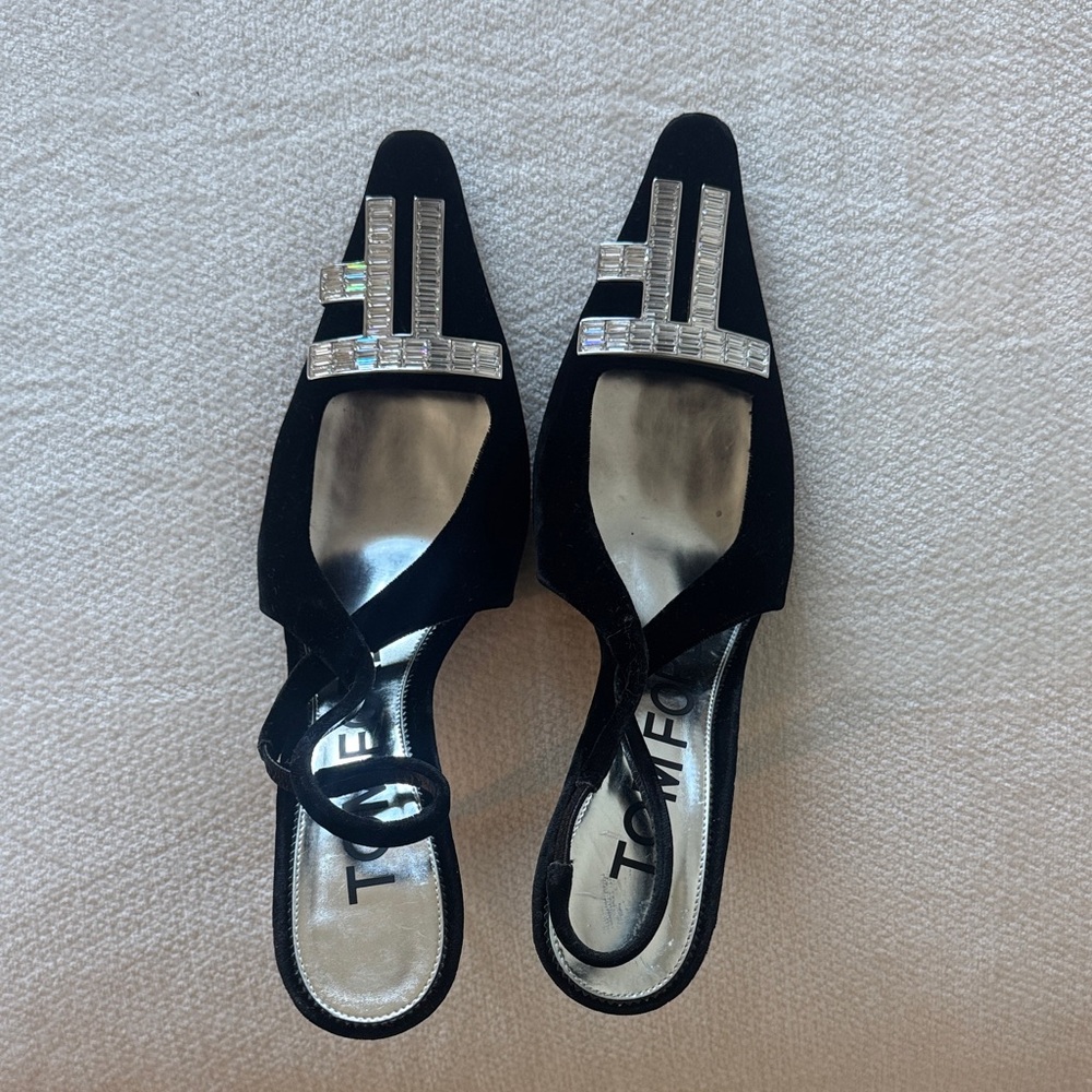 Tom Ford Black Velvet Mules with Silver Accents
